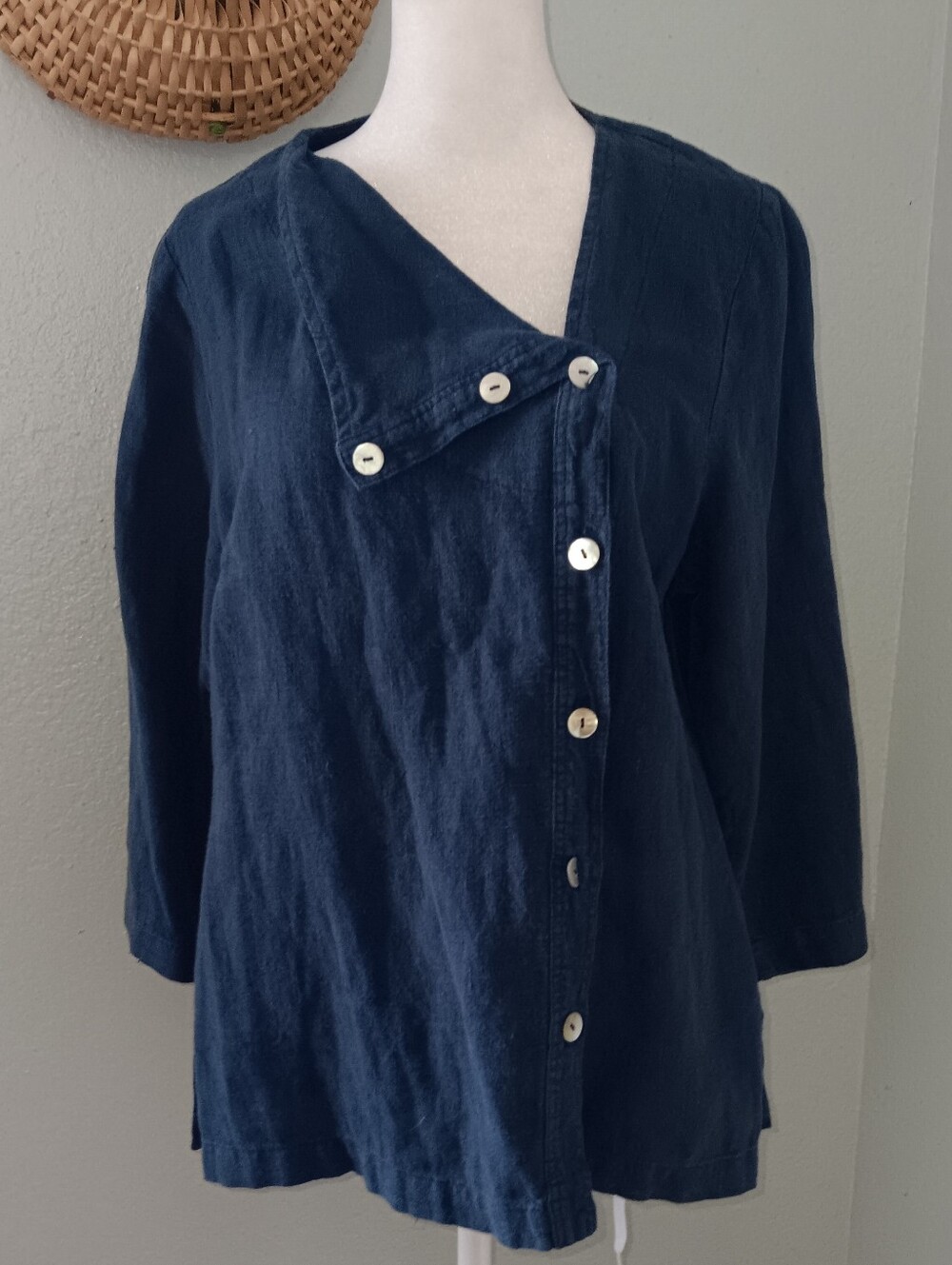 Asymmetrical Button-Front Linen Navy Women's Top